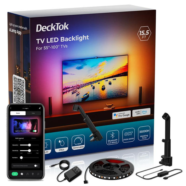 Decktok TV Backlight 15.5Ft RGB LED Strip for 55-100" Tvs Smart App Control Music Game Mode Immersive Home Theater Gaming Experience