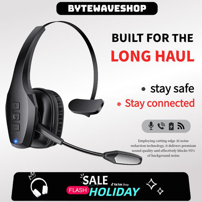 Bytewaveshop Trucker Bluetooth Headset, Wireless with Mic,Bluetooth Headset with Dual Noise Cancelling Microphone & Mute Button, 55Hrs Working Time PC Headset for Cell Phones, Computer, Truck Driver Audio Headphone