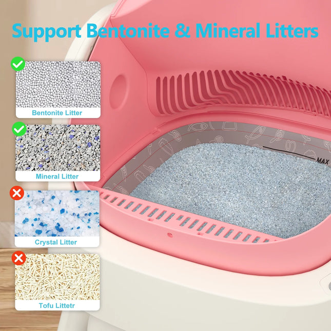 Automatic Cat Litter Box Self-Cleaning with Safety Protection, Mat and Trash Bags Included, Pink